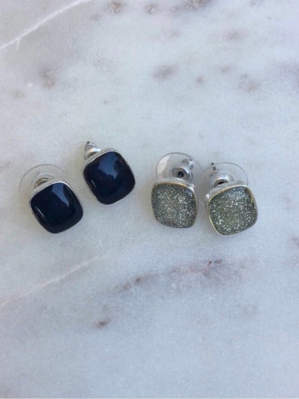 Silver Stud Earrings Set with Black and Sparkle Silver Stones
